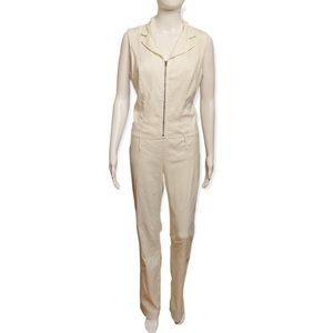 Vintage Y2K White Jumpsuit Medium M Zip Front Stretch Low Waist Flare Leg Retro